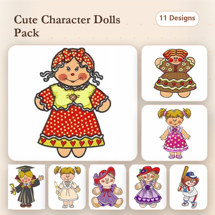 Cute Character Dolls Embroidery Designs Bundle – Doll with Red Dress, Graduation Girl Doll, Doll with Baseball Bat & More (11 Designs)