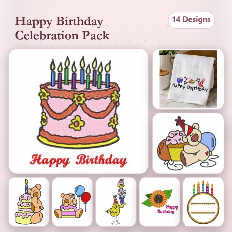Birthday Celebration Embroidery Designs Bundle – Birthday Cake, Teddy Bear, Cupcake & More (14 Designs)