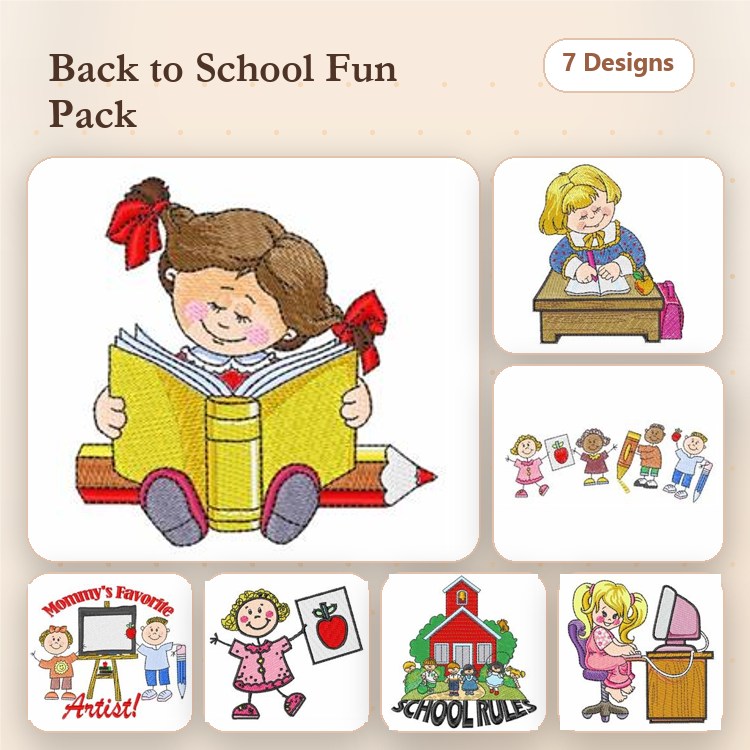 Back to School Embroidery Designs Bundle – Girl Reading a Book, Girl at Desk, Apple with Teacher & More (7 Designs)