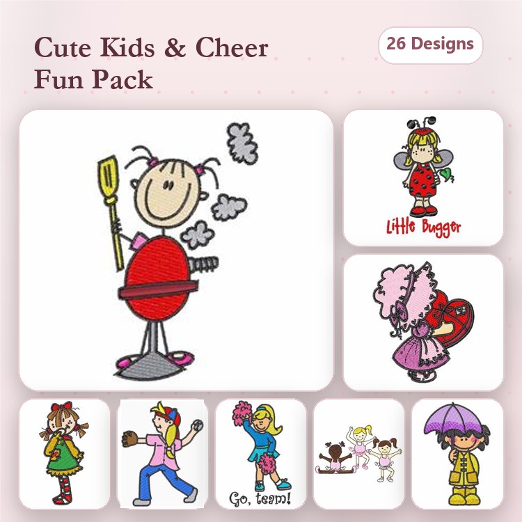 Cute Kids Embroidery Designs Bundle – Little Bugger, Dancing Girl, Girl with Umbrella & More (26 Designs)