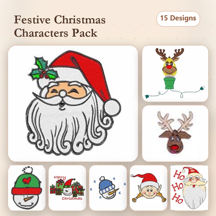 Festive Christmas Characters Embroidery Designs Bundle – Santa Claus, Reindeer, Snowman & More (15 Designs)