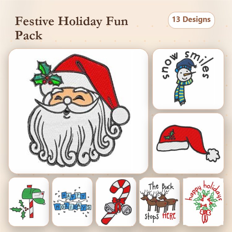 Holiday-themed Embroidery Designs Bundle – Santa with Holly, Snowman with Scarf, Candy Cane & More (13 Designs)