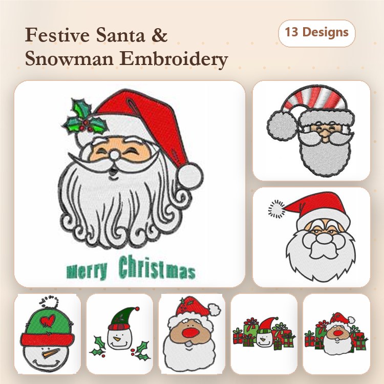Santa & Snowman Embroidery Designs Bundle – Smiling Santa with Holly, Snowman with Red Hat, Santa with Gift & More (13 Designs)