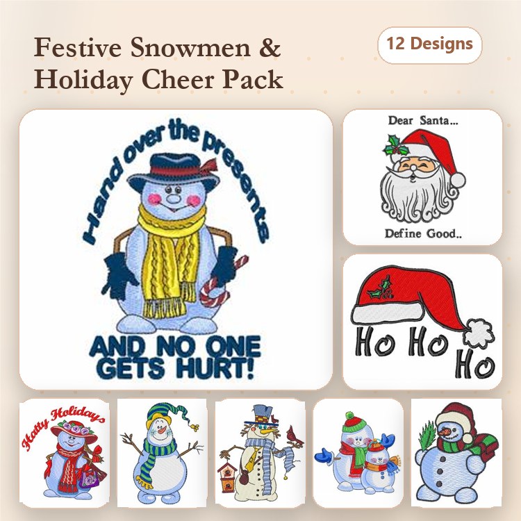 Festive Snowmen & Holiday Cheer Embroidery Designs Bundle – Hand Over the Presents Snowman, Santa with List, & More (12 Designs)