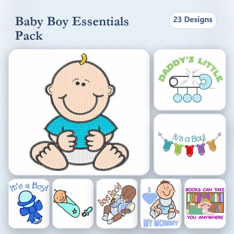 Baby Boy Themes Embroidery Designs Bundle – Cute Baby Face, It's a Boy, Baby Carriage & More (23 Designs)