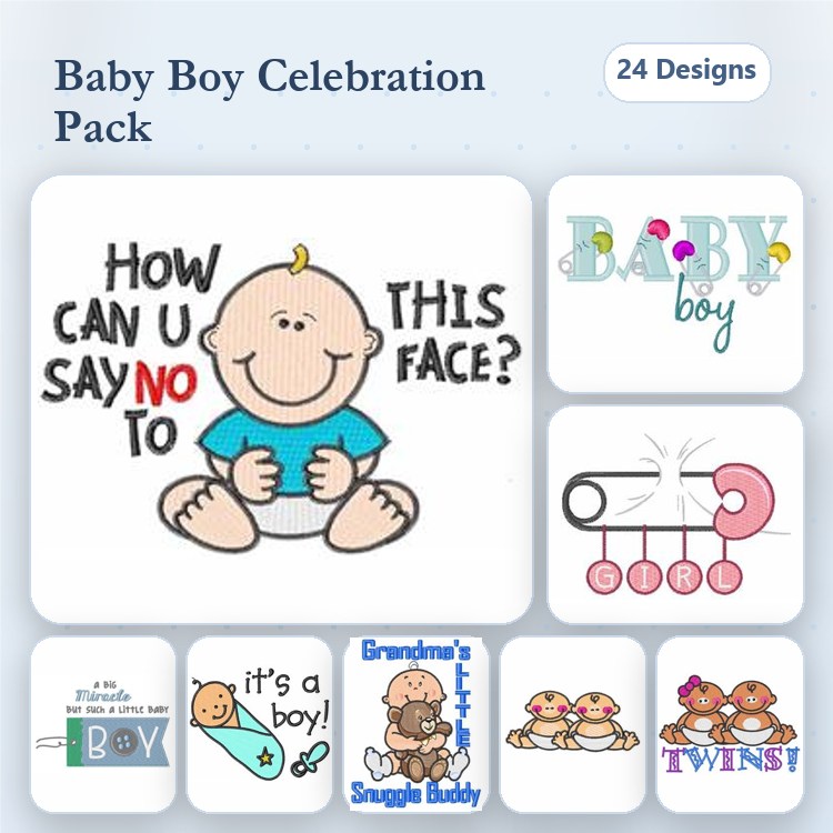 Baby Boy Embroidery Designs Bundle – How Can You Say No to This Face?, It's a Boy!, Twins! & More (24 Designs)