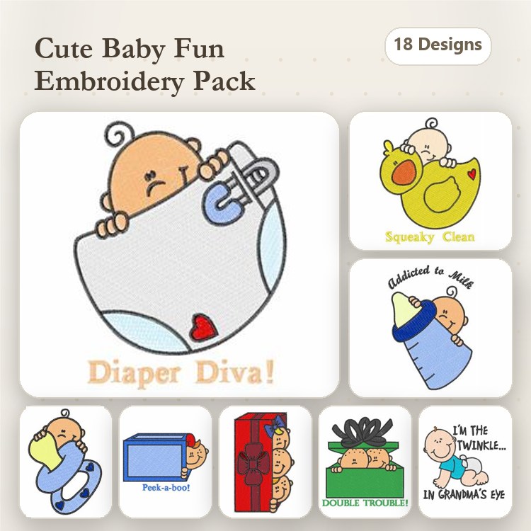 Cute Baby Embroidery Designs Bundle – Diaper Diva, Squeaky Clean, Bundle of Joy & More (18 Designs)