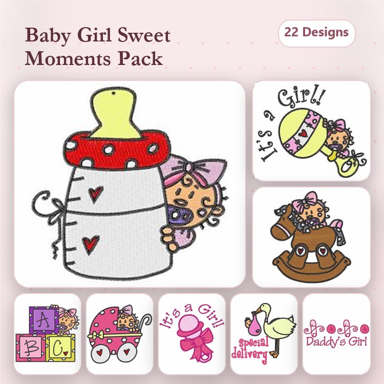 Baby Girl Themes Embroidery Designs Bundle – Baby Bottle, Teddy Bear, It's a Girl & More (22 Designs)