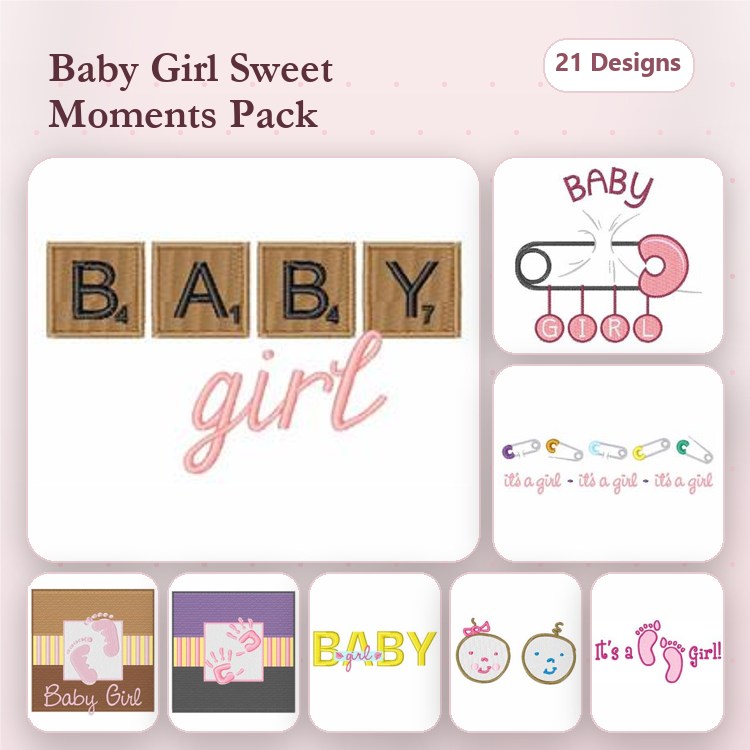 Baby Girl Embroidery Designs Bundle – Block Letters, Stroller, Cute Icons & More (21 Designs)