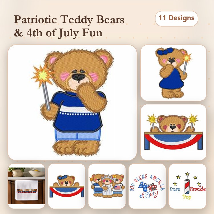 Patriotic Teddy Bears Embroidery Designs Bundle – Teddy Bear with Sparkler, Bears with Fireworks, & More (11 Designs)