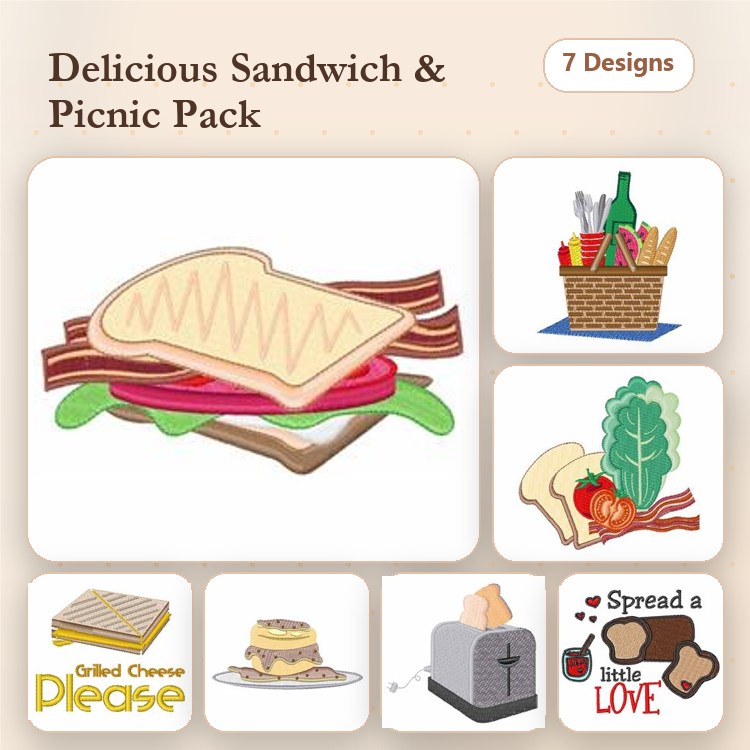 Sandwich and Picnic Embroidery Bundle – Grilled Cheese, Picnic Basket, Lettuce & More (7 Designs)