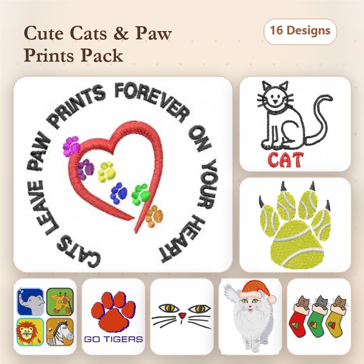 Cat, Dog & Animal Embroidery Bundle – Fun Designs (16 Designs)