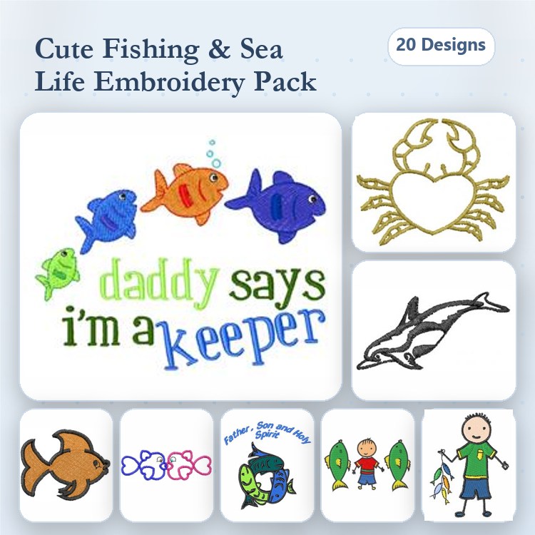 Fishing & Sea Life Embroidery Bundle – Cartoon Fish, Daddy Says I'm a Keeper, Crab & More (20 Designs)