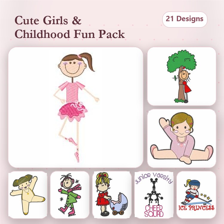 Children Characters Embroidery Designs Bundle – Ballet Girl, Girl with Tree, Sitting Girl & More (21 Designs)