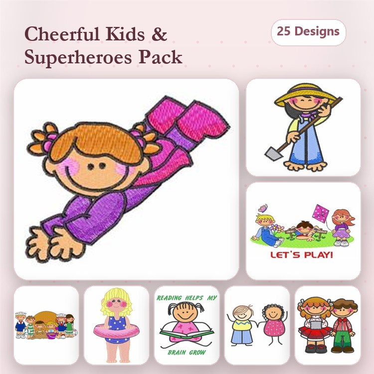 Cheerful Kids & Superheroes Embroidery Designs Bundle – Girl Superhero, Girls Playing Golf, Girl Skipping Rope & More (25 Designs)