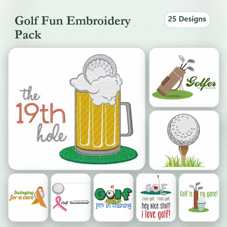 Golf-themed Embroidery Designs Bundle – Golf Ball, Golfer, Beer Mug with Foam & More (25 Designs)