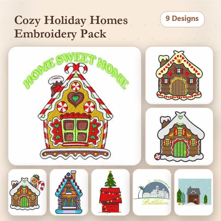 Holiday Homes Embroidery Designs Bundle – Gingerbread House, Christmas Tree, Sleigh & More (9 Designs)