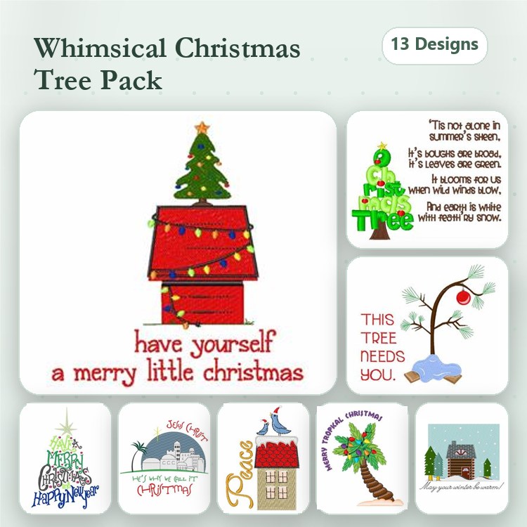 Christmas Tree & Snowman Embroidery Designs Bundle – Whimsical Christmas Tree with House, Merry Christmas Text & More (13 Designs)