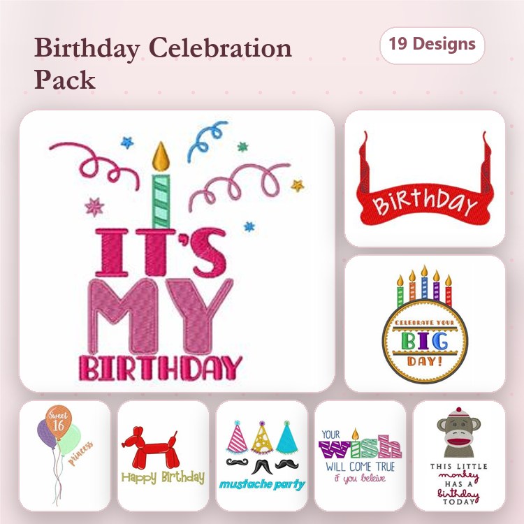 Birthday Celebration Embroidery Designs Bundle – It's My Birthday, Party Hat, Cake with Candles & More (19 Designs)