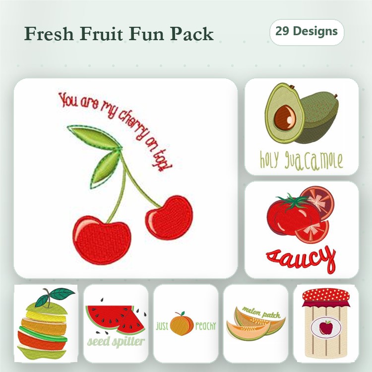 Fruit-Themed Embroidery Designs Bundle – Cherry with Leaf, Avocado, Tomato & More (29 Designs)