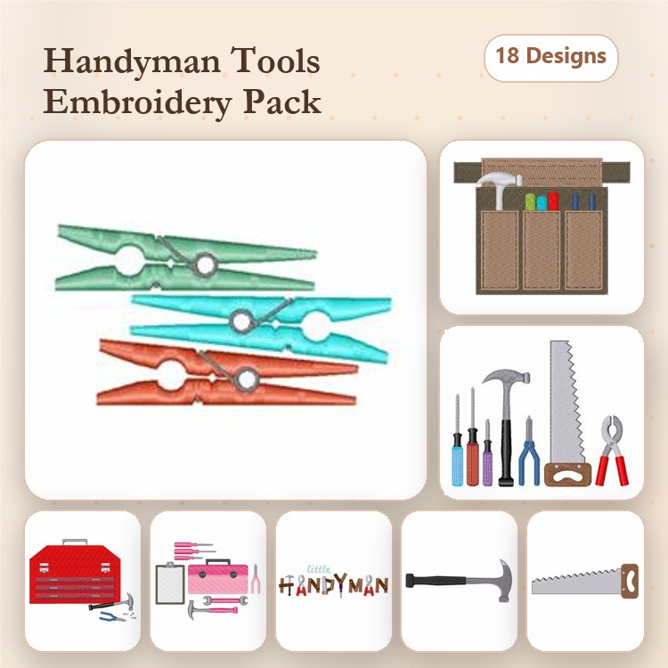 Handyman Tools Embroidery Designs Bundle – Hammer, Tool Box, Screwdriver Set & More (18 Designs)