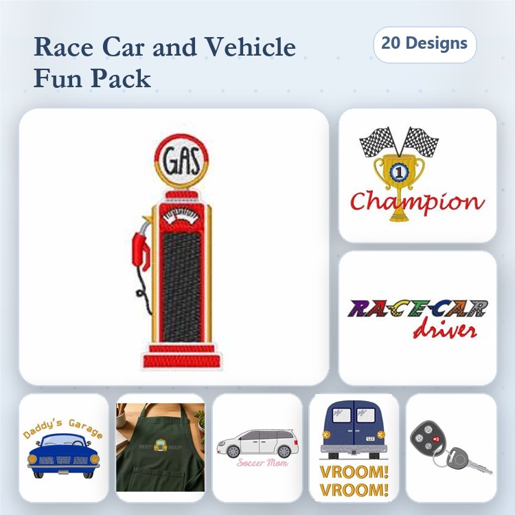 Race Car & Vehicle Themed Embroidery Designs Bundle – Gas Pump, Racecar Driver, Blue Car & More (20 Designs)