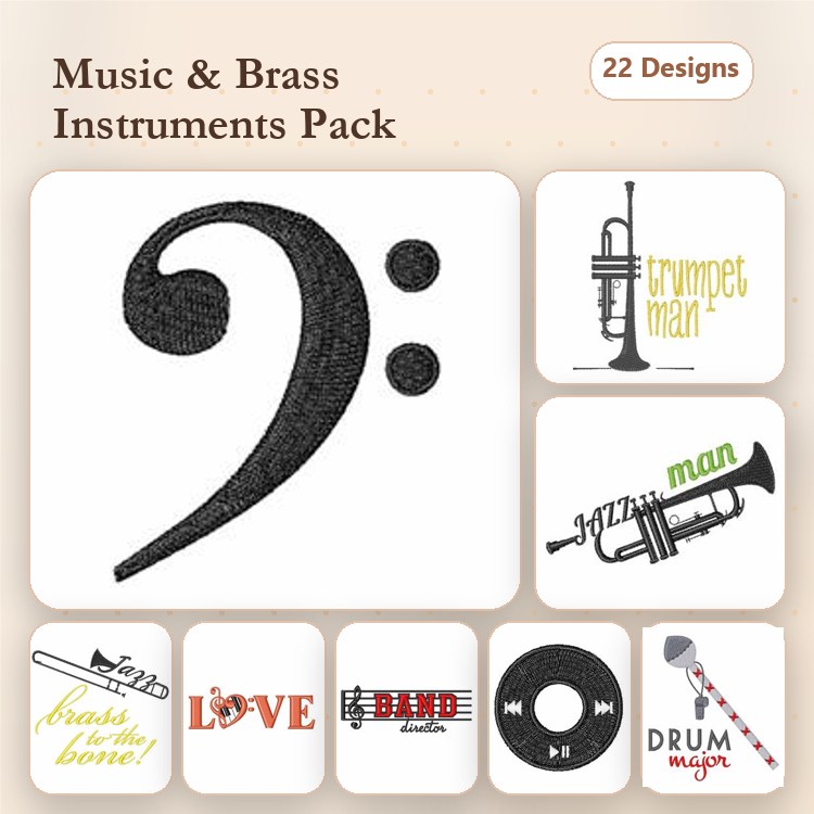Music & Brass Instruments Embroidery Designs Bundle – Treble Clef, Trumpet Man, Drum Major & More (22 Designs)