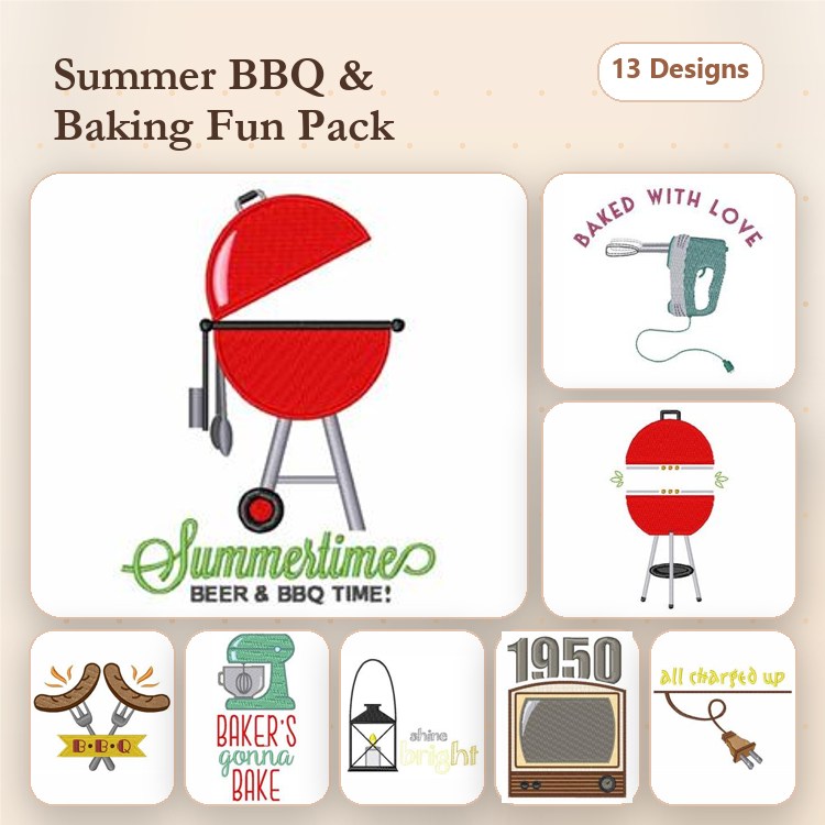 BBQ & Baking Embroidery Designs Bundle – Barbecue Grill, Baking Mixer, Retro Oven & More (13 Designs)