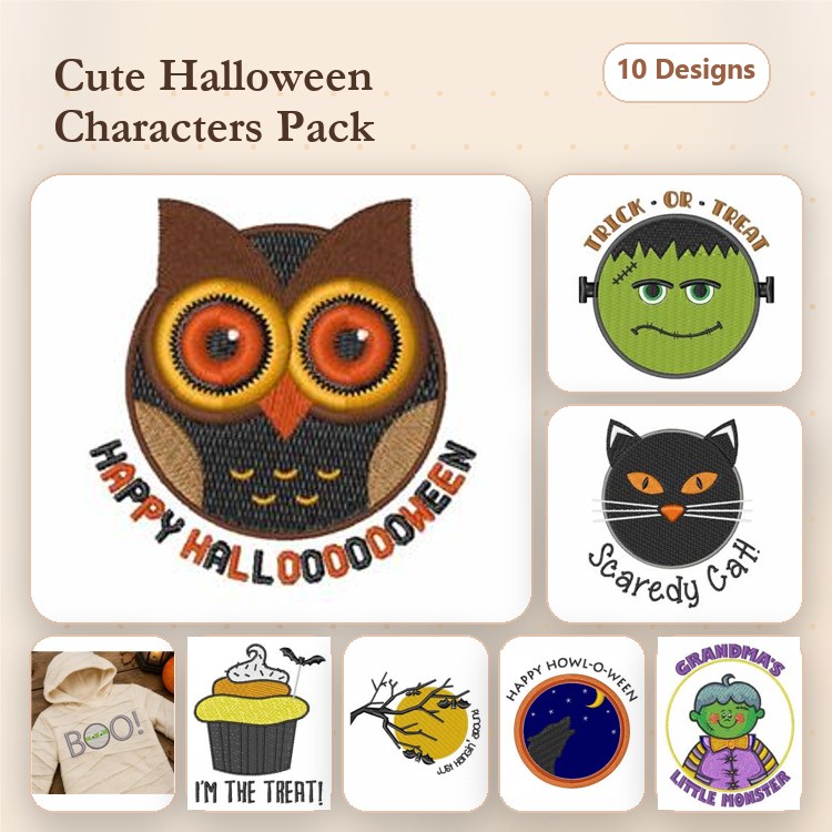 Halloween Embroidery Bundle – Cupcake, Owl & Cat Designs (10 Designs)