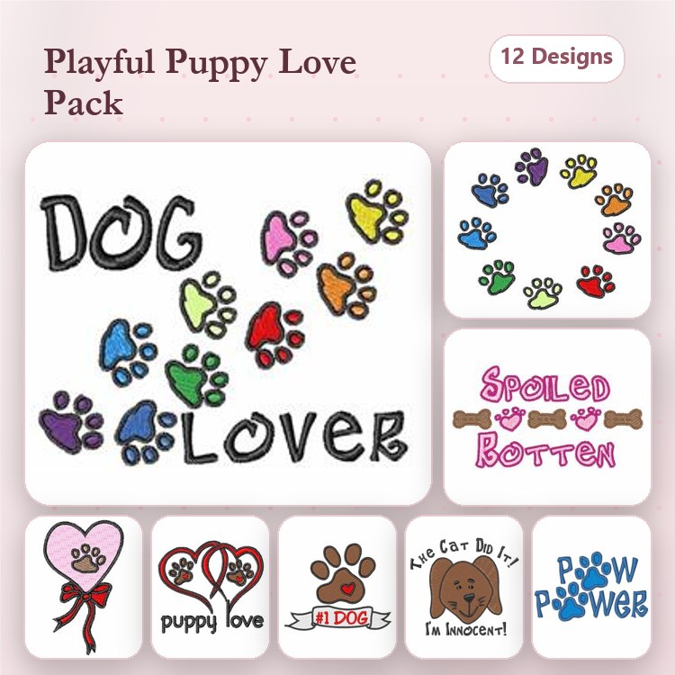 Dog & Puppy Embroidery Bundle – Fun Designs (12 Designs)