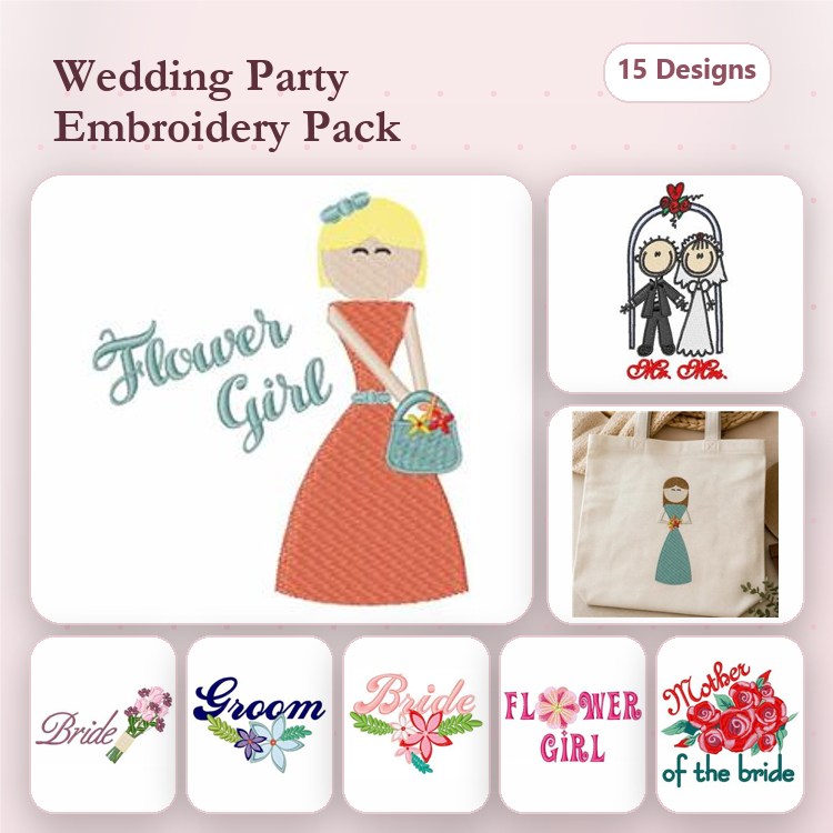Wedding Party Embroidery Designs Bundle – Bride, Groom, Flower Girl & More (15 Designs)