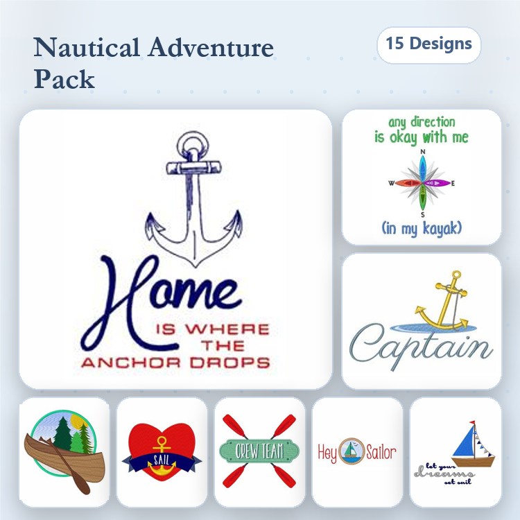 Nautical Adventure Embroidery Designs Bundle – Anchor with Phrase, Sailboat, Ahoy Sailor & More (15 Designs)