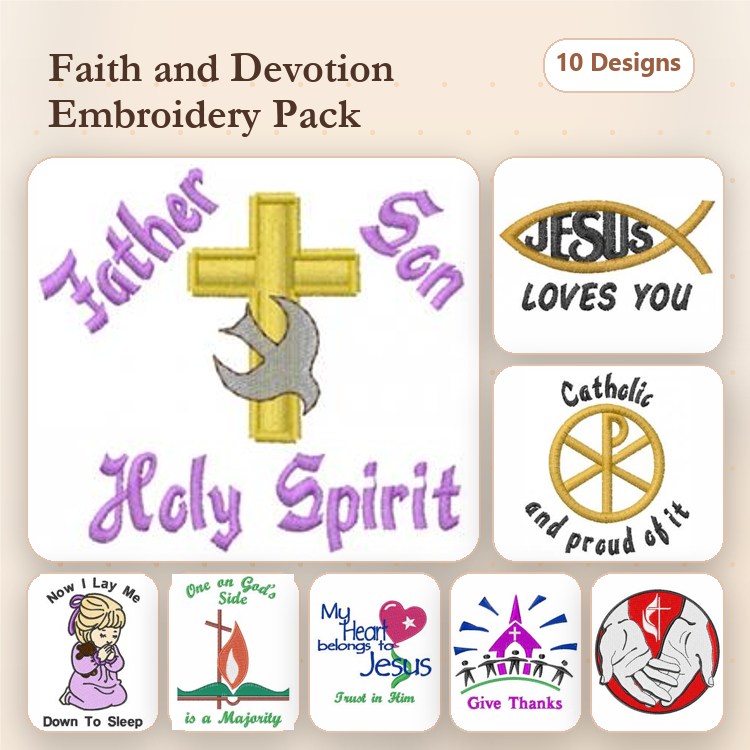 Faith and Devotion Embroidery Designs Bundle – Father Son Holy Spirit, Jesus Loves You, Give Thanks & More (10 Designs)