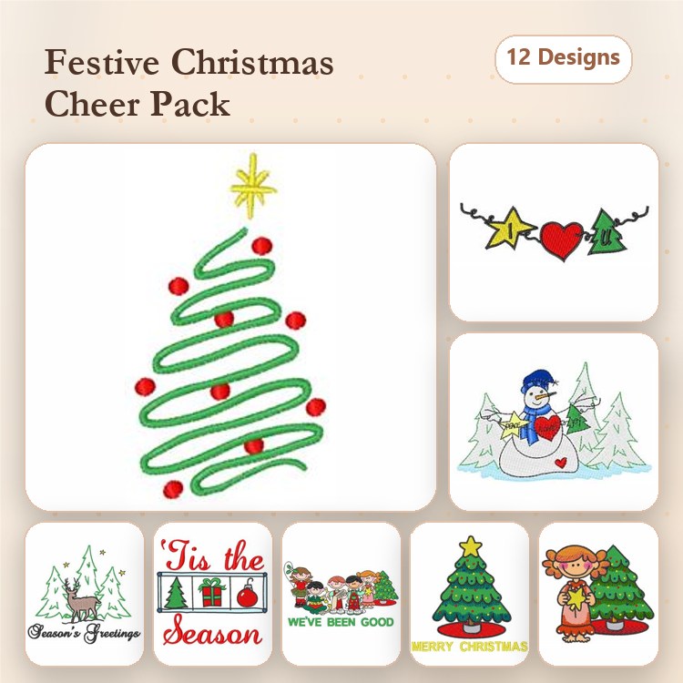Christmas Tree & Snowman Embroidery Designs Bundle – Ornaments, Festive Text, Children & More (12 Designs)