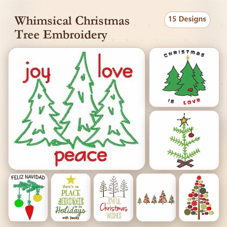Christmas Trees Embroidery Designs Bundle – Joyful Wishes, Merry Christmas Phrase, & More (15 Designs)