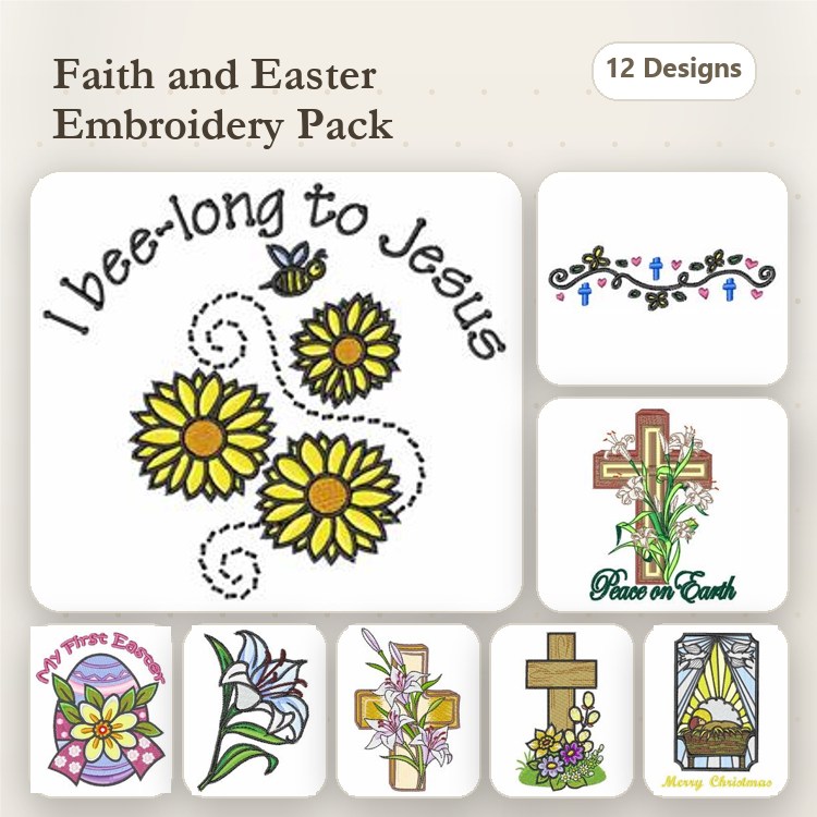 Faith & Easter Embroidery Designs Bundle – Sunflower, Cross with Flowers, Easter Lily & More (12 Designs)
