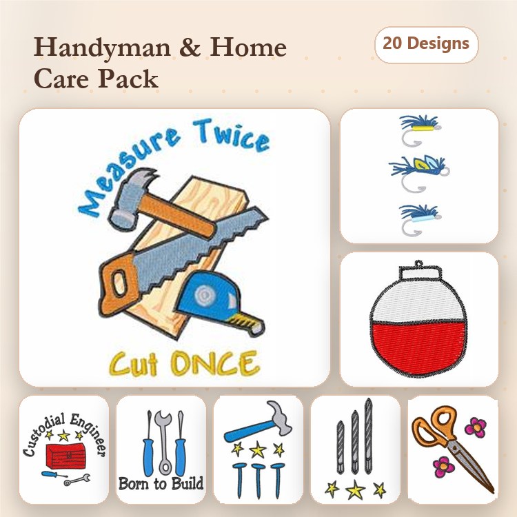 Handyman Tools Embroidery Designs Bundle – Measure Twice Cut Once, Hammer, Screwdriver, & More (20 Designs)