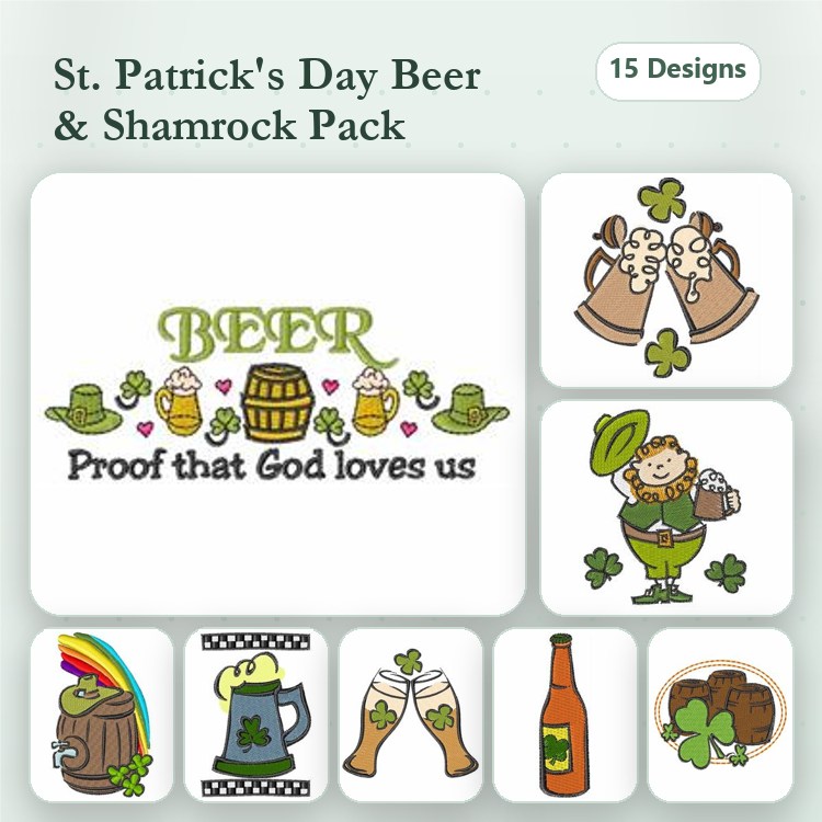 Leprechaun & Shamrocks Embroidery Designs Bundle – Beer Mug, Pint Glass, Rainbow & More (15 Designs)