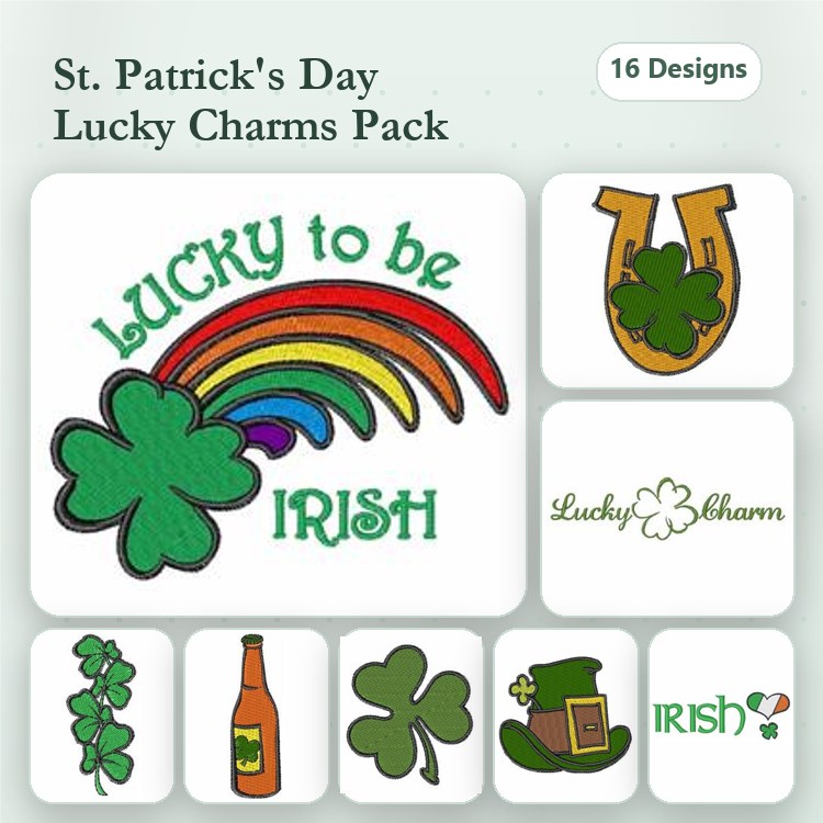 Shamrock & Rainbow Embroidery Designs Bundle – Lucky Charm, Beer Bottle, Horseshoe & More (16 Designs)
