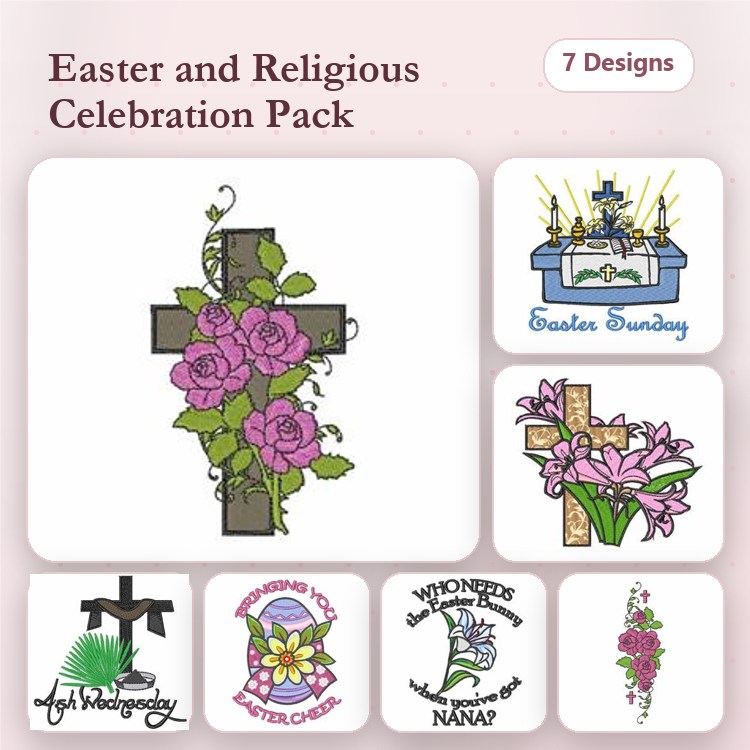 Easter & Religious Embroidery Designs Bundle – Cross with Roses, Easter Basket, Happy Easter & More (7 Designs)