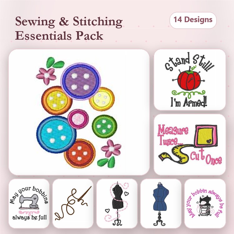 Sewing and Stitching Essentials Embroidery Designs Bundle – Colorful Buttons, Sewing Machine, Dress Form & More (14 Designs)