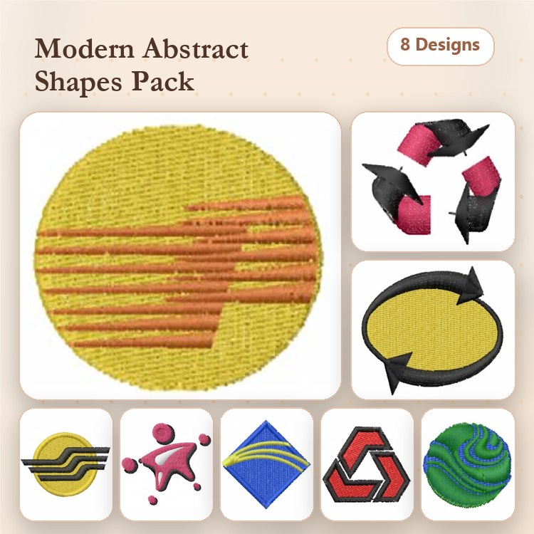 Modern Abstract Shapes Embroidery Designs Bundle – Yellow Circle with Lines, Black and Red Twisting Shapes, Green Swirl, Blue Diamond & More (8 Designs)