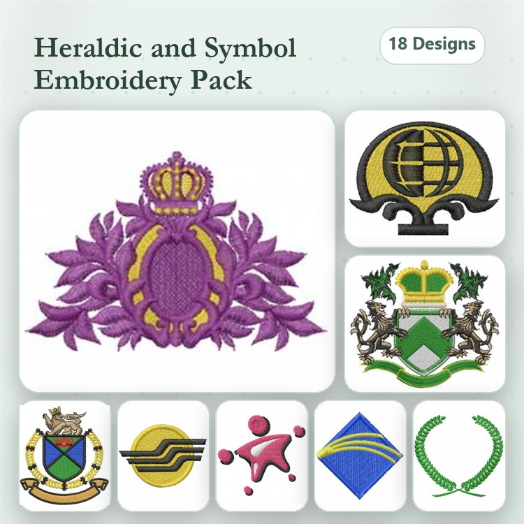 Heraldic & Symbol Embroidery Designs Bundle – Crown Emblem, Coat of Arms, Shield with Lion & More (18 Designs)
