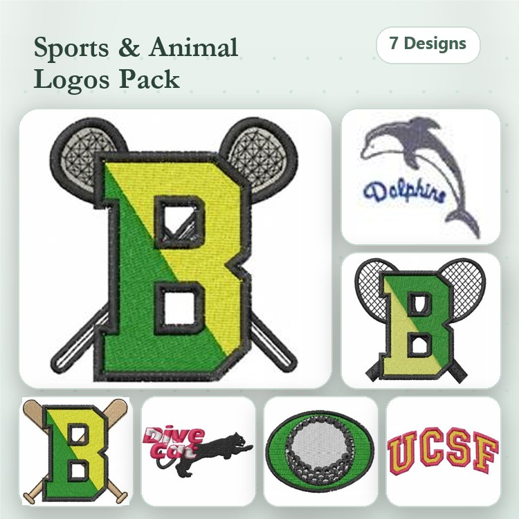 Sports and Animal Logos Embroidery Bundle – Lacrosse Logo B, Dolphin Logo, Coyote Logo & More (7 Designs)