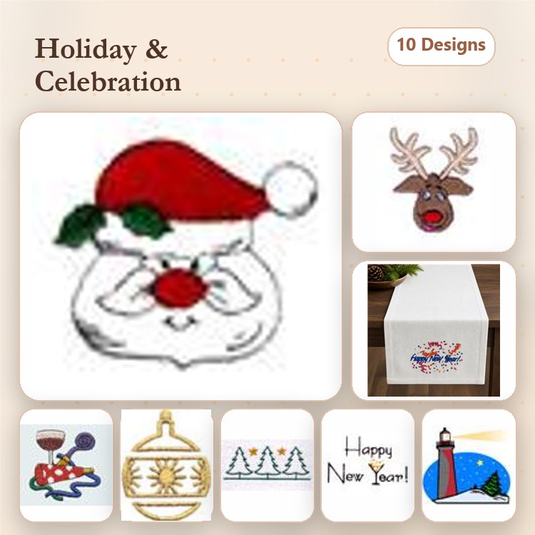 Holiday Celebration Embroidery Designs Bundle – Santa Claus, Reindeer, Christmas Tree & More (10 Designs)