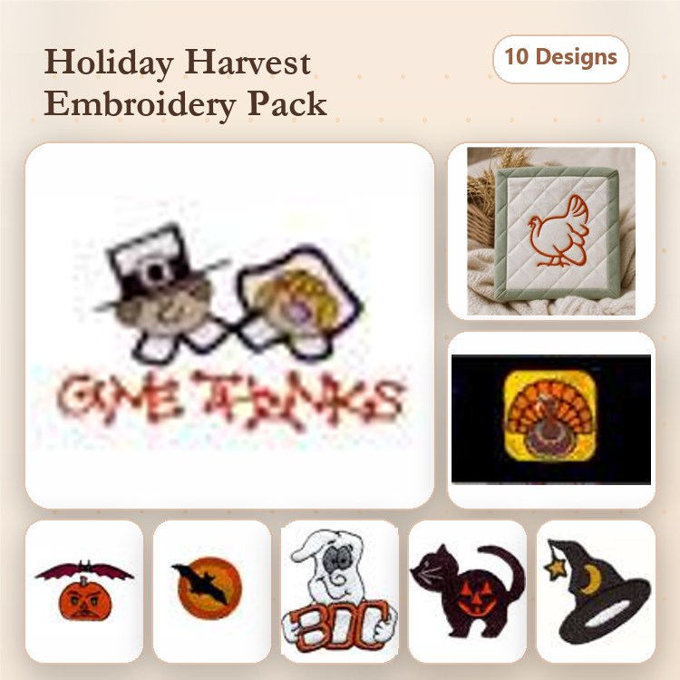 Thanksgiving & Harvest Embroidery Designs Bundle – Pilgrim Couple, Turkey, Pumpkin & More (10 Designs)