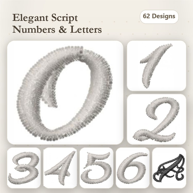 Elegant Script Letters & Numbers Embroidery Designs Bundle – 0, 1, 2, A & More (62 Designs)