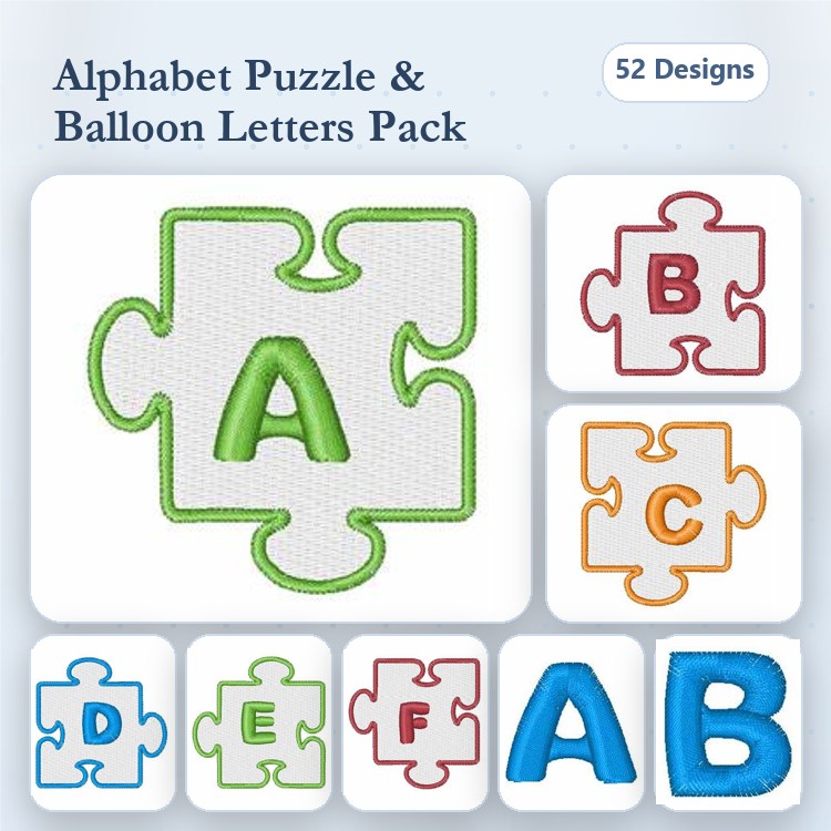 Alphabet Puzzle & Balloon Letters Embroidery Bundle – Puzzle Letters A-F, Balloon A & More (52 Designs)