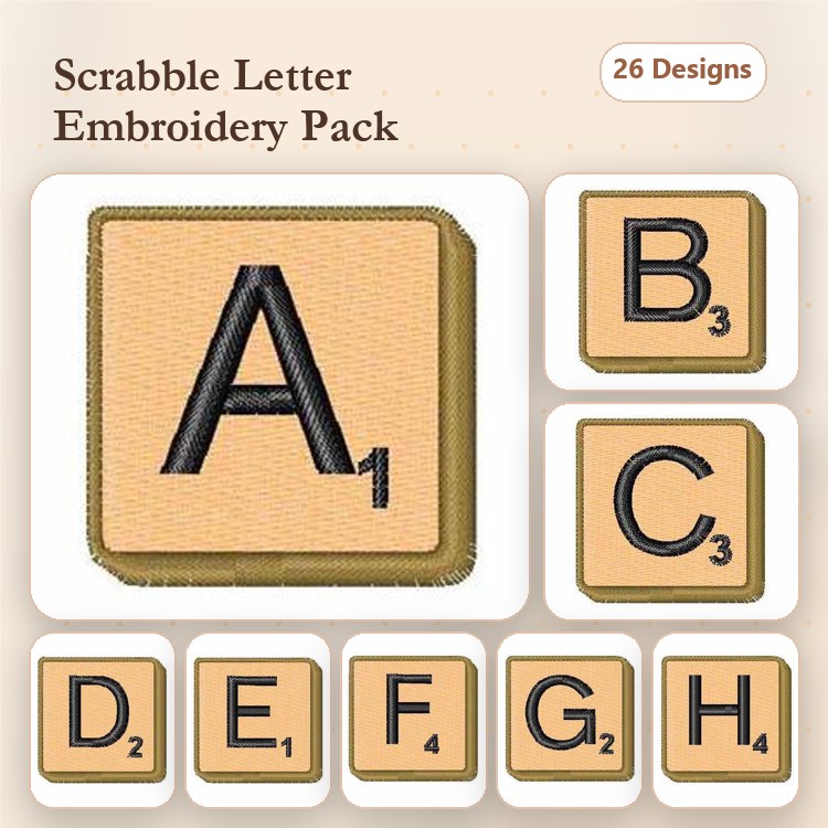 Scrabble Letter Embroidery Designs Bundle – Letters A, B, C, D, E & More (26 Designs)