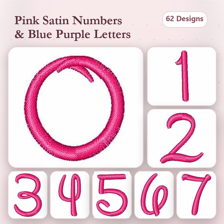Satin Numbers & Letters Embroidery Designs Bundle – Pink Satin Number 1, Letter O, Letter P & More (62 Designs)